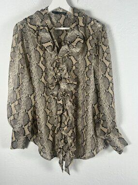 Sfera Collection Womens Snake Print Sheer Ruffle Blouse Large Brown Long Sleeve